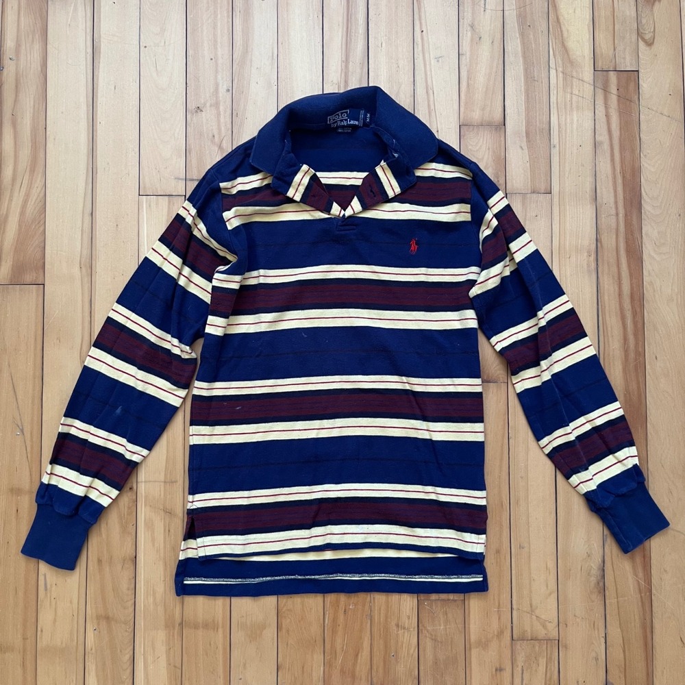 Vtg Polo by Ralph Lauren Long Sleeve Striped Rugby Shirt Red Pony Logo Size M